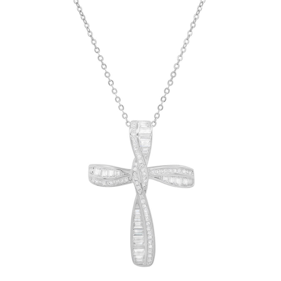 Kylie Harper Sterling Silver Baguette Cubic Zirconia  Cz Cross Pendant In Silver-tone