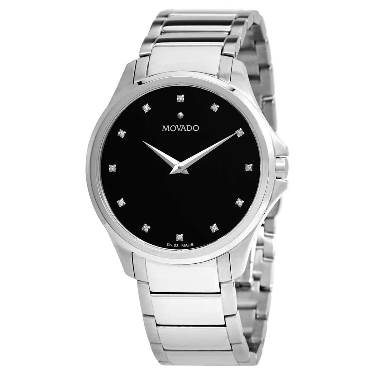 Movado Quartz Diamond Black Dial Watch 0607449 In Black,silver Tone