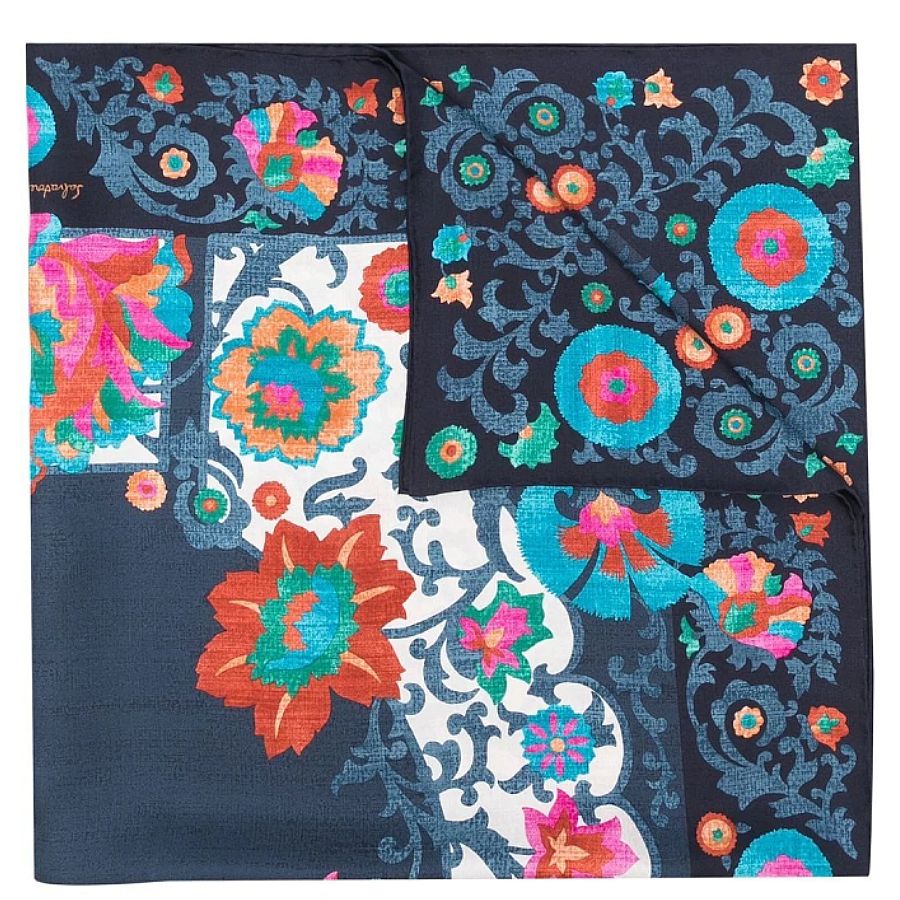 Ferragamo Uzbekistan Floral-print Silk Scarf In Marine