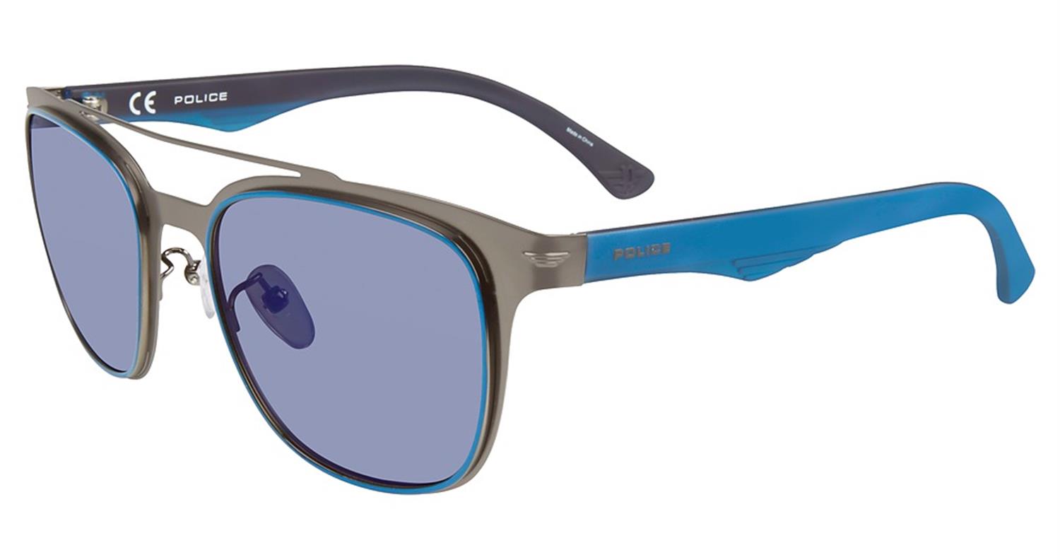 Police Blackbird Light 1 Blue Aviator Unisex Sunglasses Spl356 K53b 53 In Black,blue,gunmetal