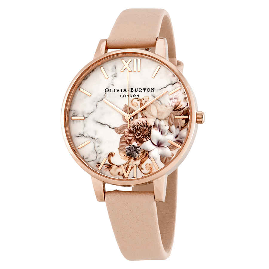 Olivia Burton Marble Floral White Dial Ladies Watch Ob16cs12 In Beige,gold Tone,orange,pink,rose Gold Tone,white