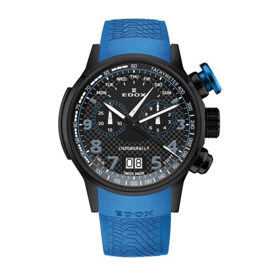 Edox Chronorally Mens Chronograph Quartz Watch 38001 Tinnbu3 Nibu3 In Black / Blue