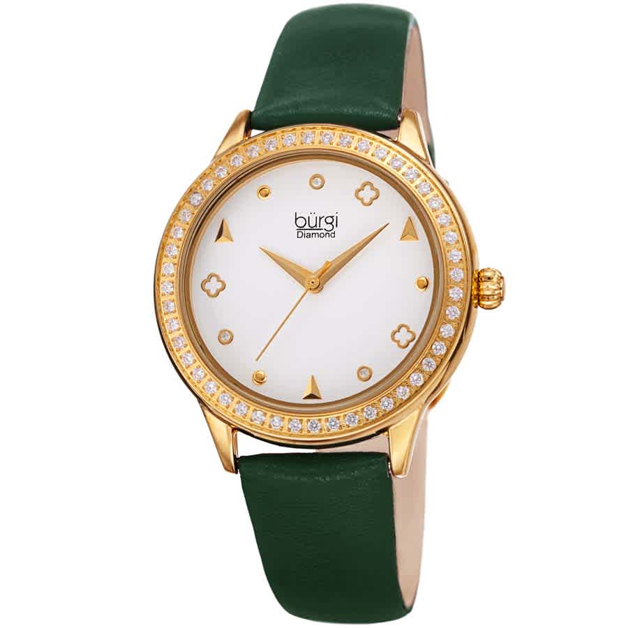 Burgi Diamond White Dial Green Leather Ladies Watch Bur221gn In Gold Tone / Green / White