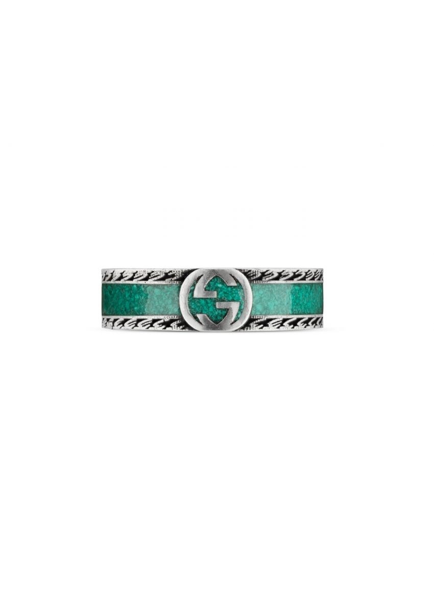 GUCCI INTERLOCKING G STERLING SILVER AND TURQUOISE ENAMEL RING, SIZE 15