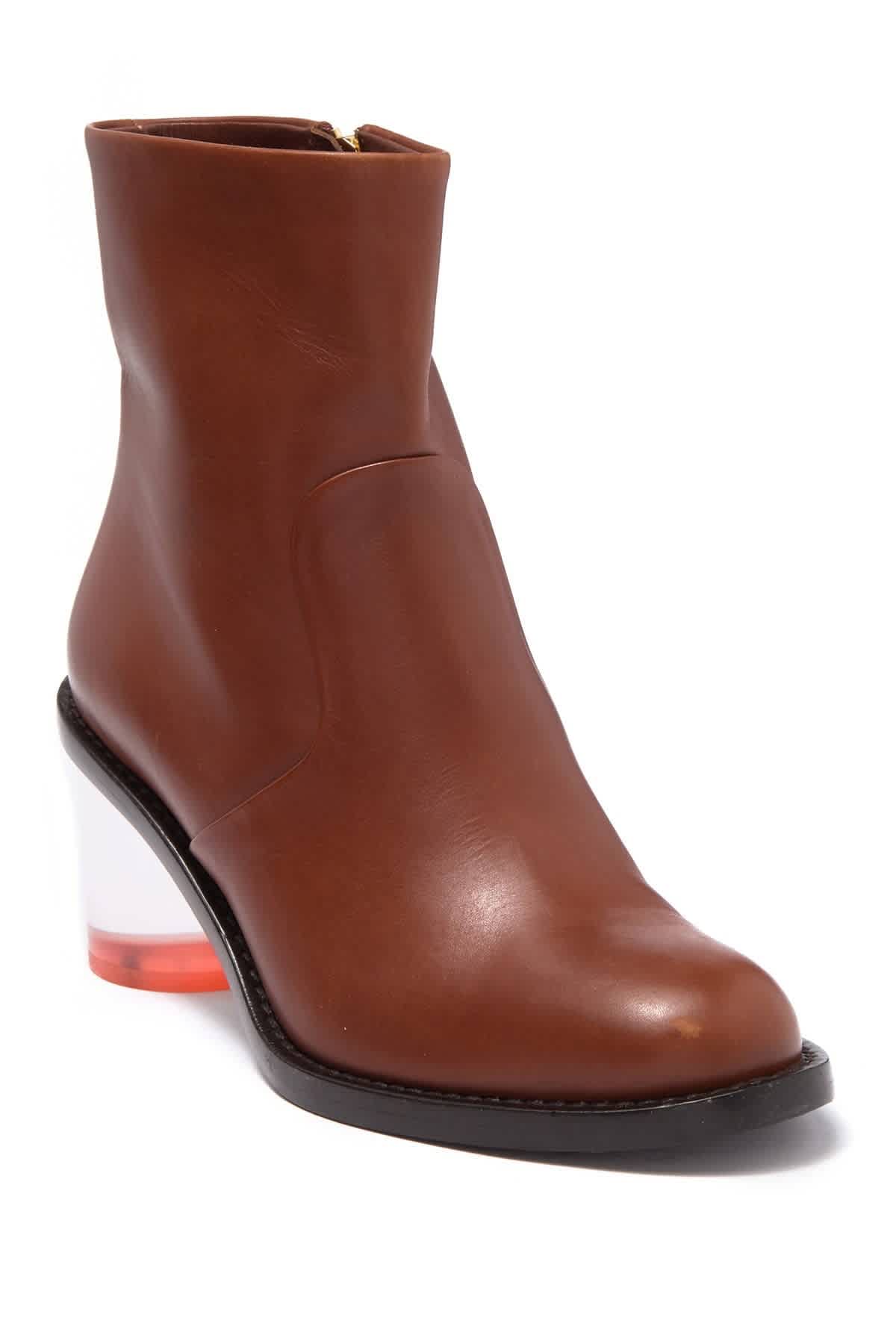 BURBERRY WESTELLA TWO-TONE LEATHER BLOCK-HEEL BOOTS IN COGNAC