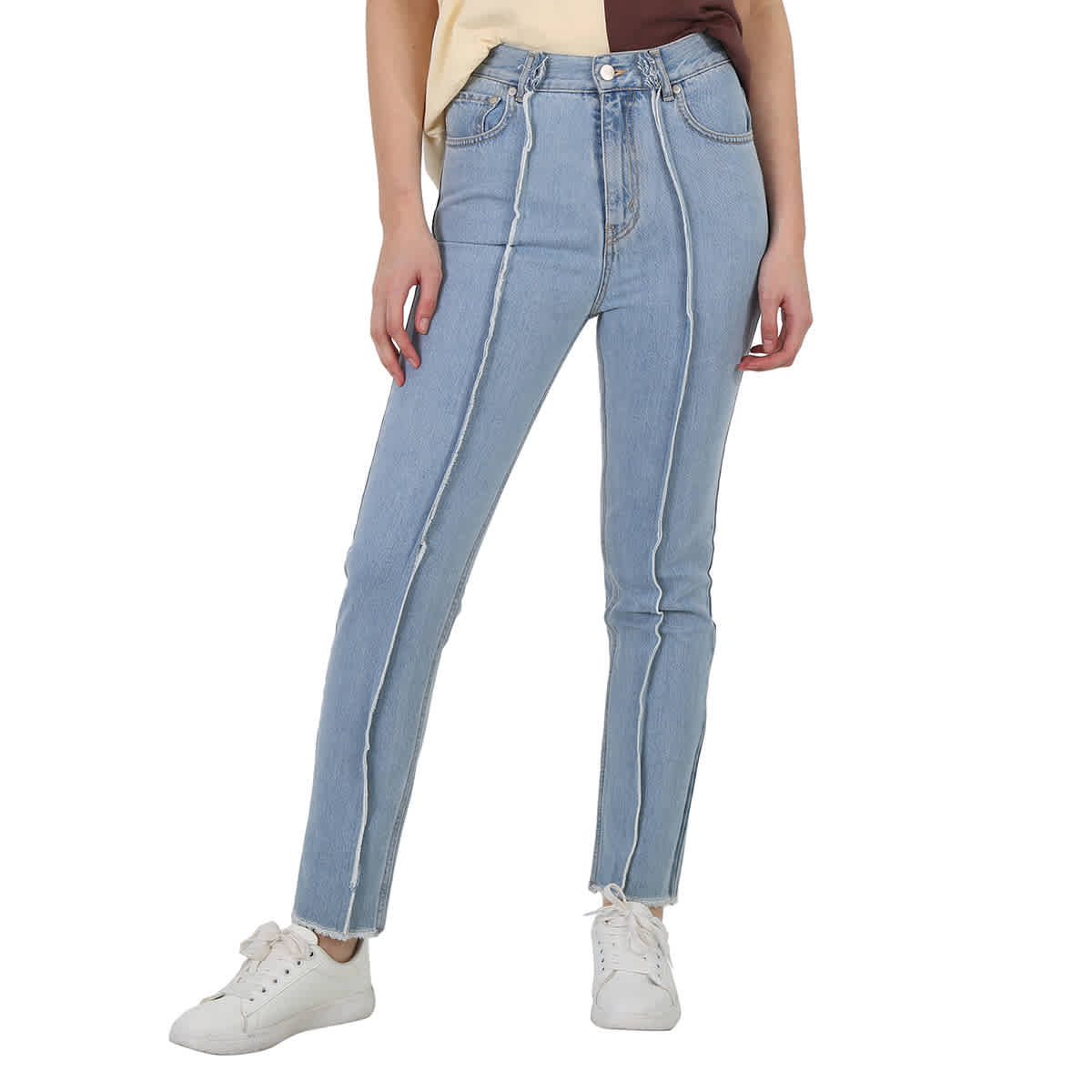 Rokh Ladies Frayed Slim Fit Jeans In Blue