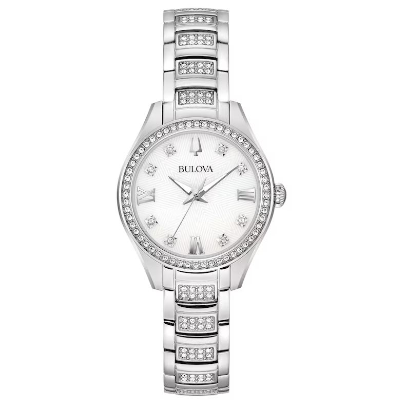 Bulova Crystal Womens Crystal Accent Silver Tone Stainless Steel Bracelet Watch 96l311 In Mop / Mother Of Pearl