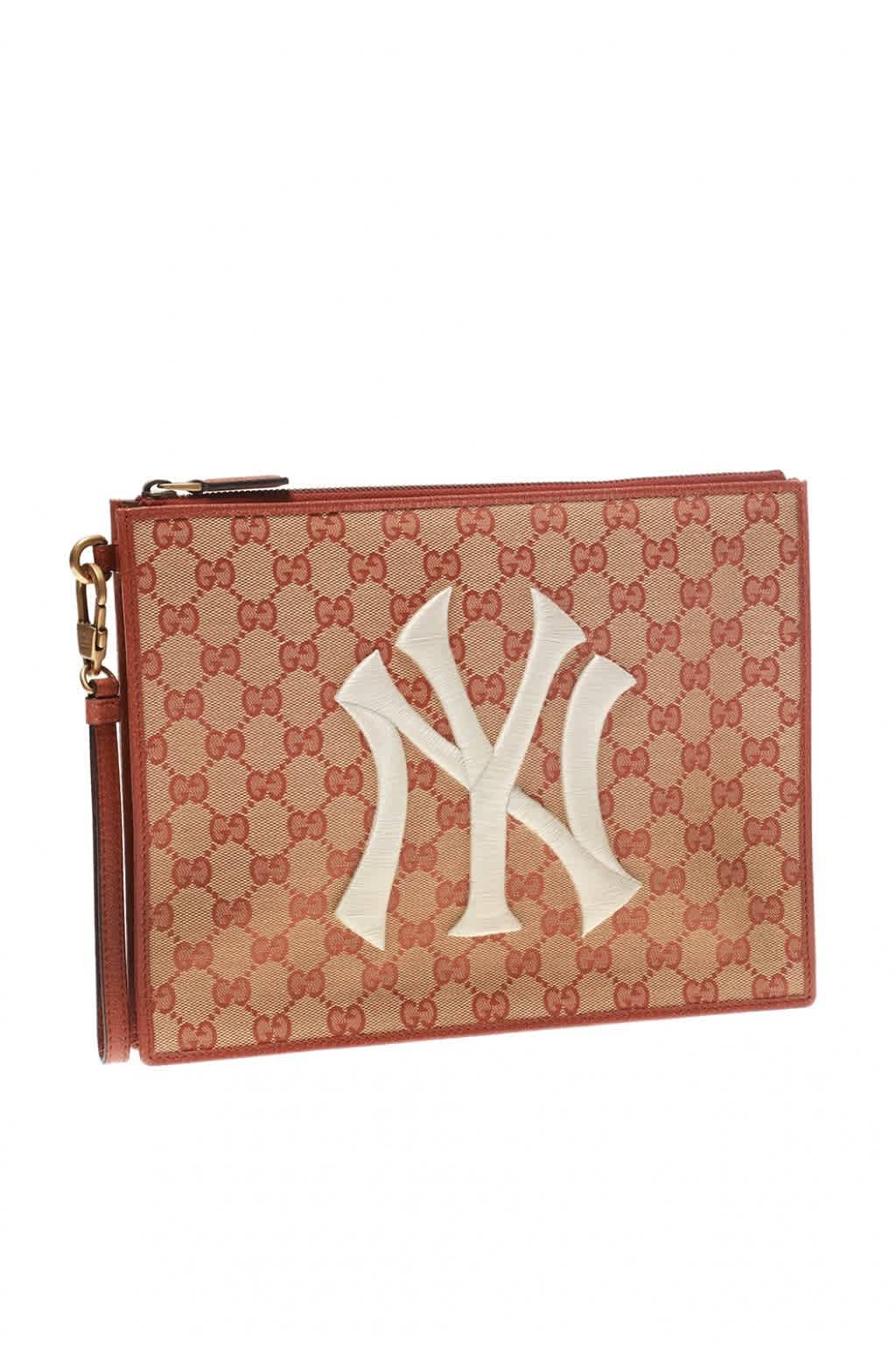 Gucci Original Gg Pouch With Ny Yankees Patch In Brown