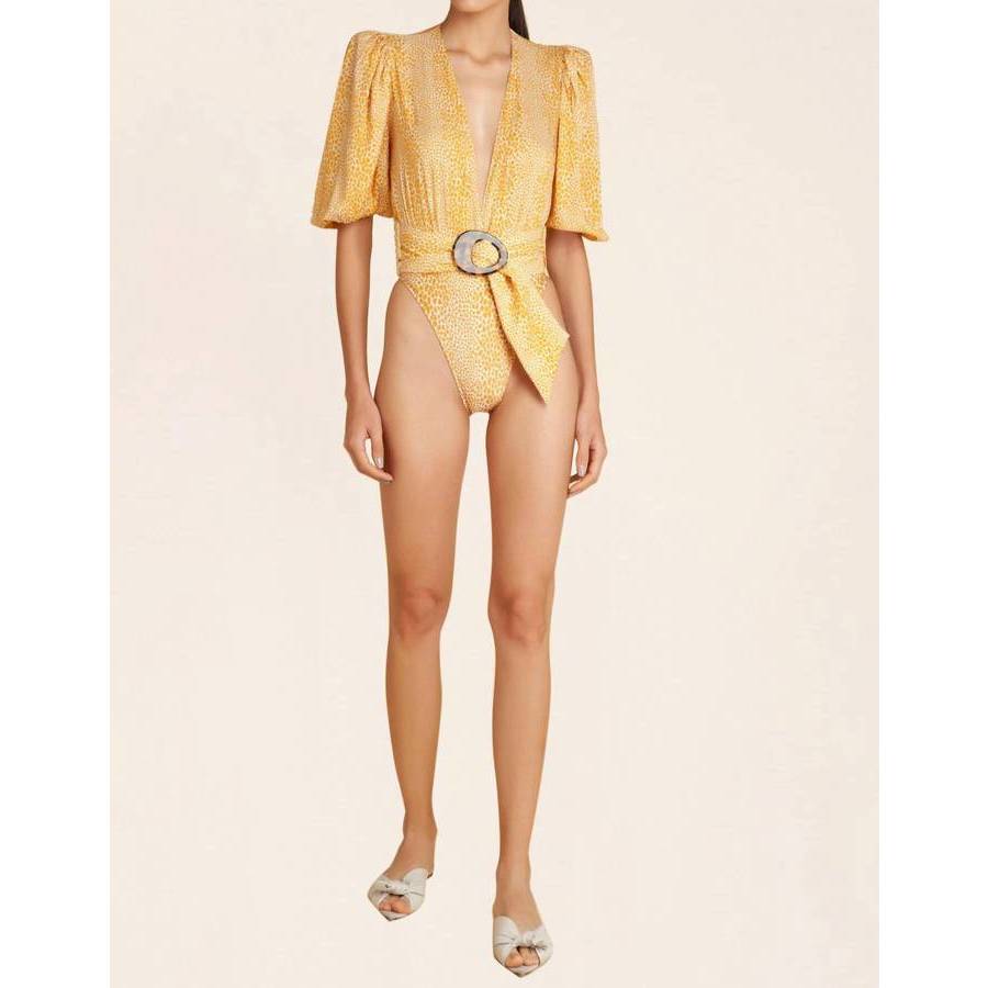 ADRIANA DEGREAS LADIES TORTOISE V-NECK BODYSUIT WITH BELT YELLOW, SIZE LARGE