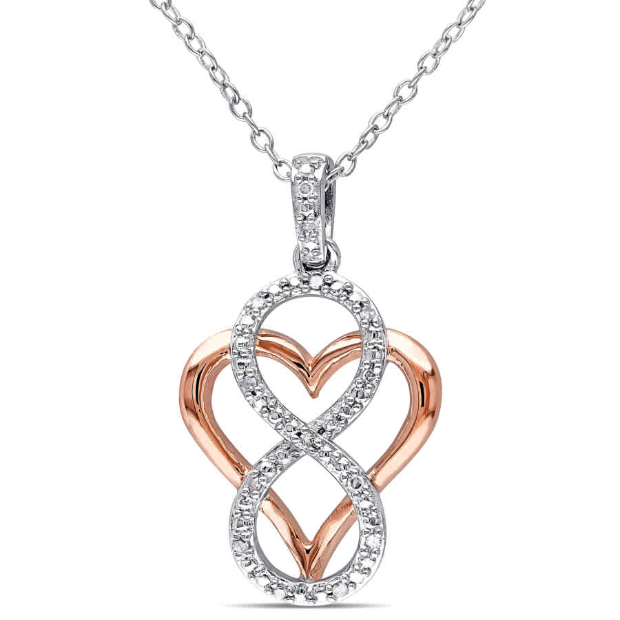 Amour Diamond Infinity Heart Pendant With Chain In 2-tone Pink And White Sterling Silver In Multi-color