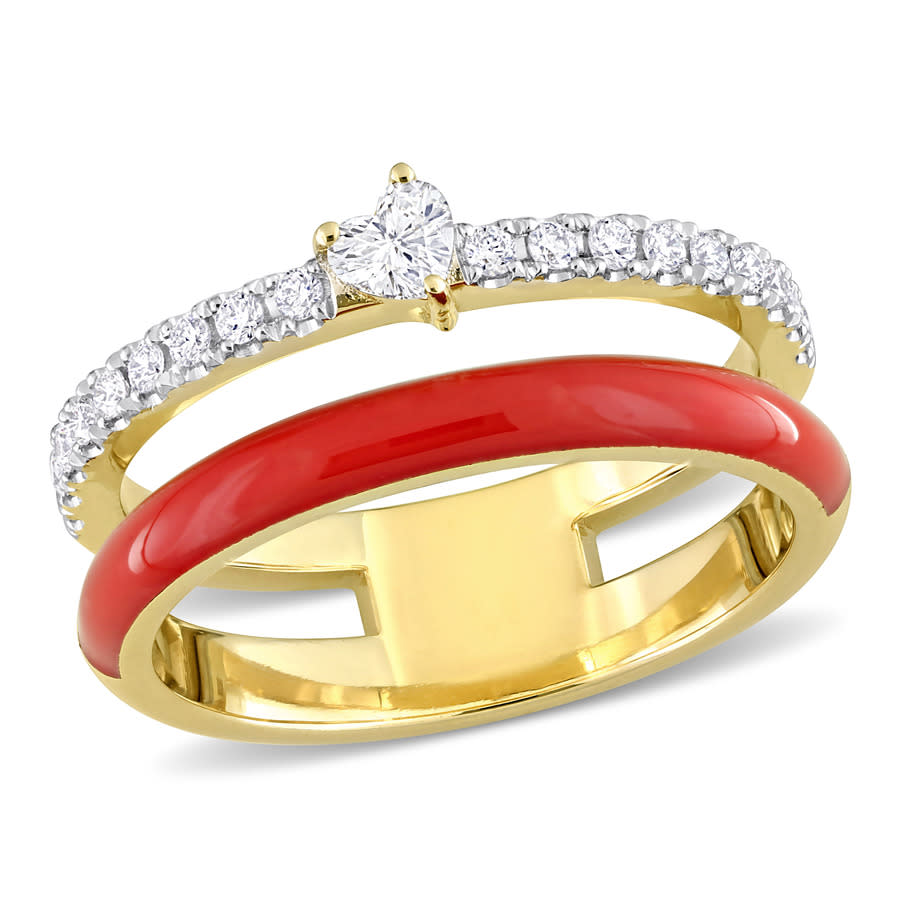 Amour 1/3 Ct Tdw Heart And Round Diamond Double Band Ring In 14k Yellow Gold And Red Enamel