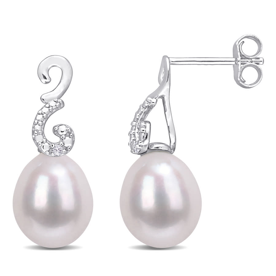 Amour 8-8.5mm Freshwater Cultured Pearl And Diamond Accent Peacock Drop Earrings In Sterling Silver In White