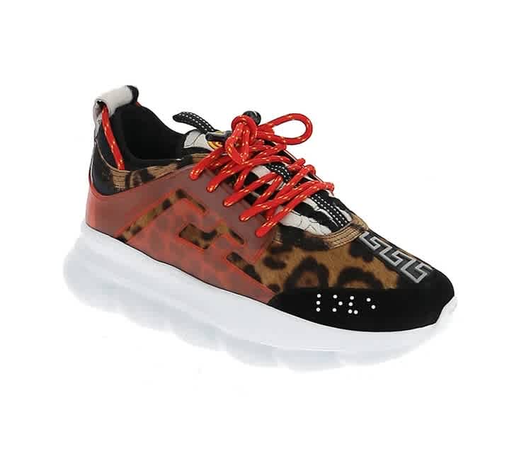 Versace Multicoloured Chain Reaction Leopard Print Leather Sneakers In Red