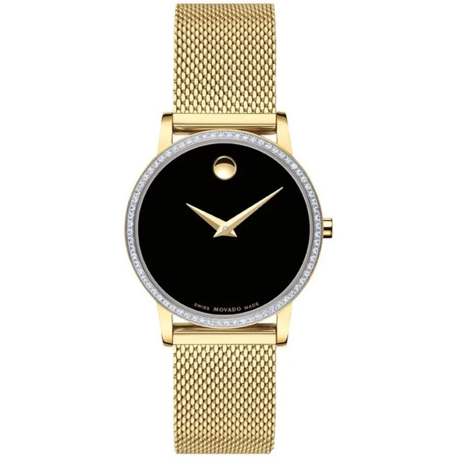 Movado Museum Classic Quartz Diamond Black Dial Ladies Watch 0607606 In Black / Gold Tone / Yellow