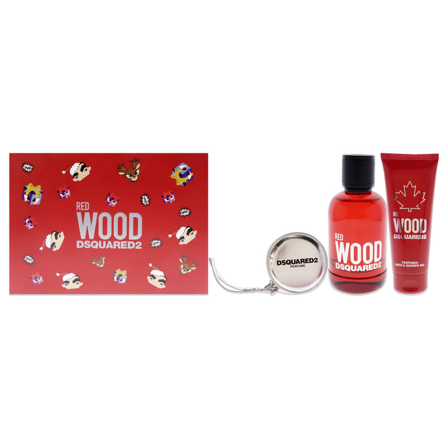 Dsquared2 Red Wood By For Women - 3 Pc Gift Set 3.4oz Edt Spray, 3.4oz Perfumed Bath And Shower Gel, In Red / Pink / Silver