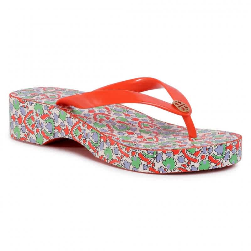 Tory Burch Carved Wedge Flip Flops- Poppy Red / Legacy Paisley In Gold Tone,red