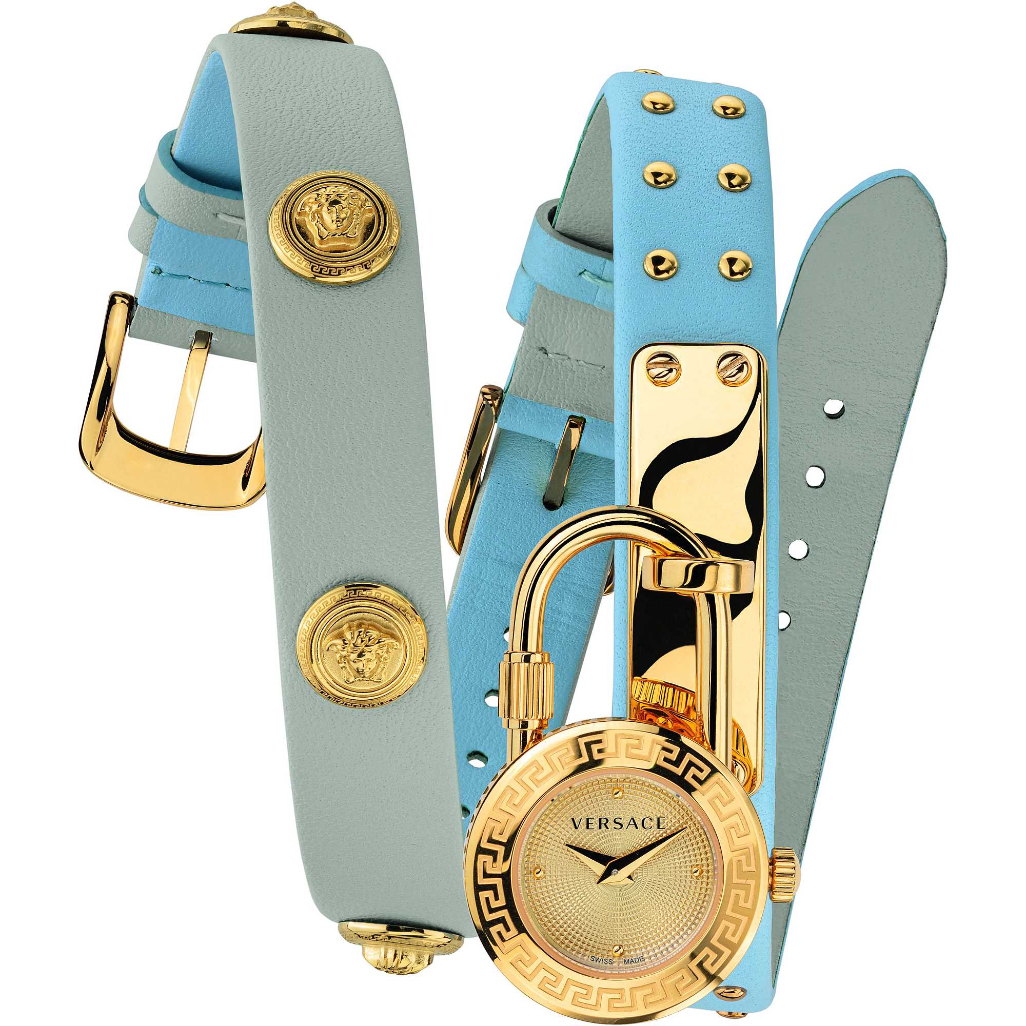 Versace Medusa Lock Icon Quartz Gold Dial Ladies Watch Vedw00419 In Blue,gold Tone