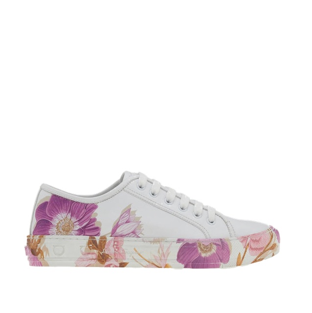 Ferragamo Borg Floral-print Leather Sneakers In White