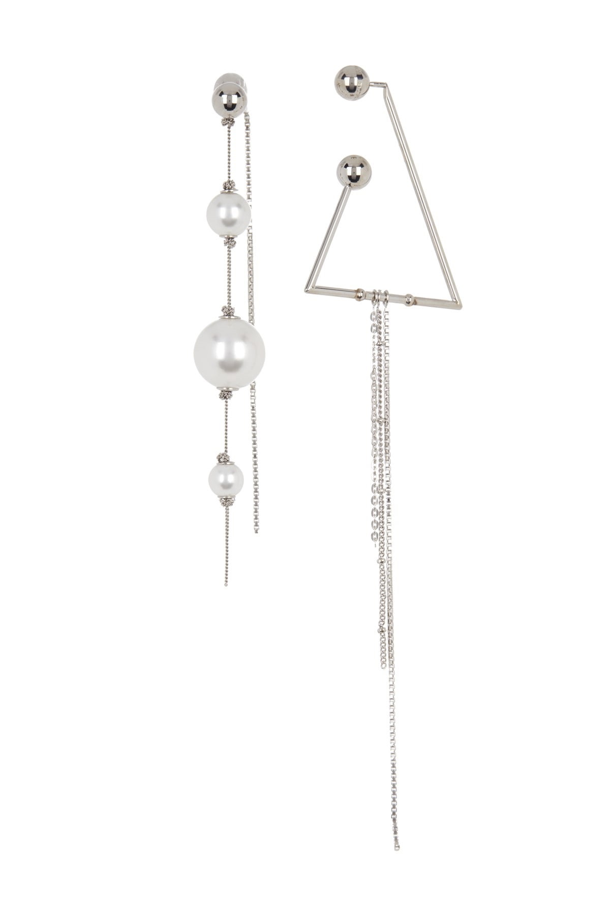 BURBERRY ASYMMETRICAL GLASS PEARL CHAIN DROP EARRINGS