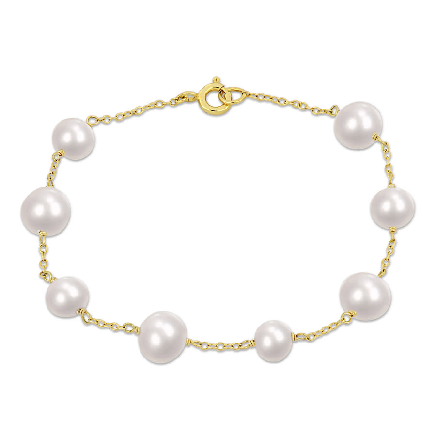 Amour 6.5-8.5 Mm Cultured Freshwater Pearl Station Bracelet In Yellow Plated Sterling Silver In Yellow