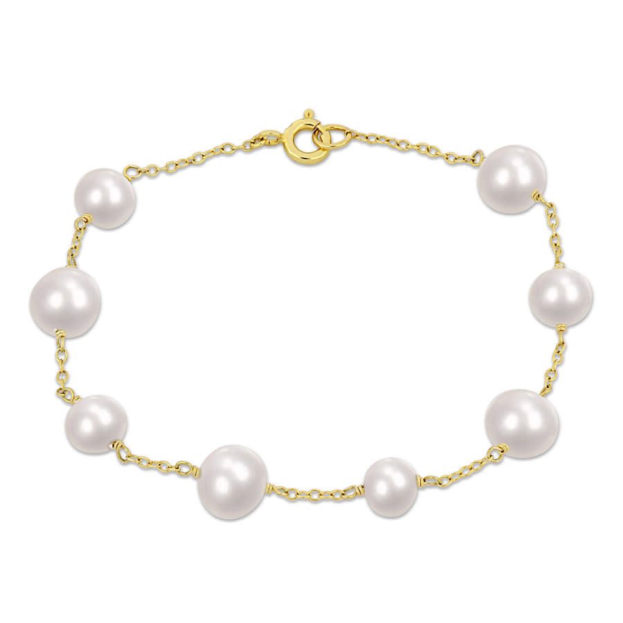 Amour 6.5-8.5 Mm Cultured Freshwater Pearl Station Bracelet In Yellow Plated Sterling Silver