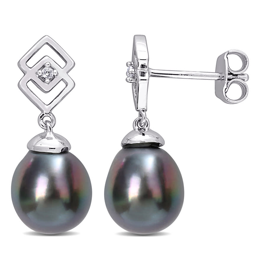 Amour 8-9mm Black Tahitian Cultured Pearl And White Topaz Drop Earrings In Sterling Silver