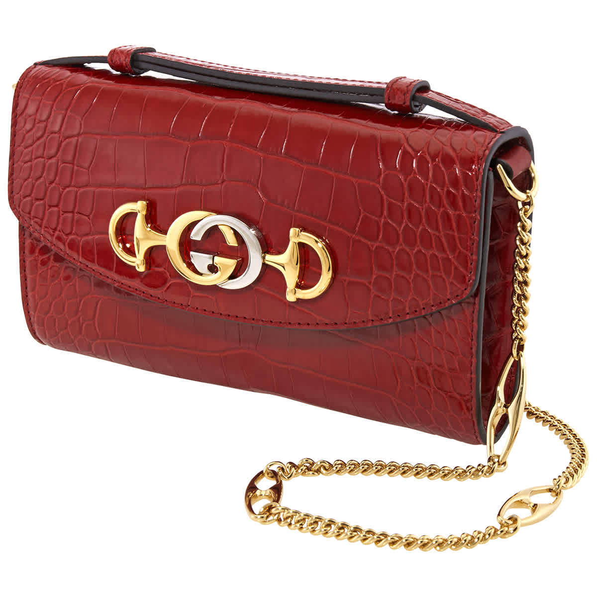 Gucci Ladies Zumi Crocodile embossed Leather Mini Shoulder Bag In Gold Tone red silver Tone ModeSens