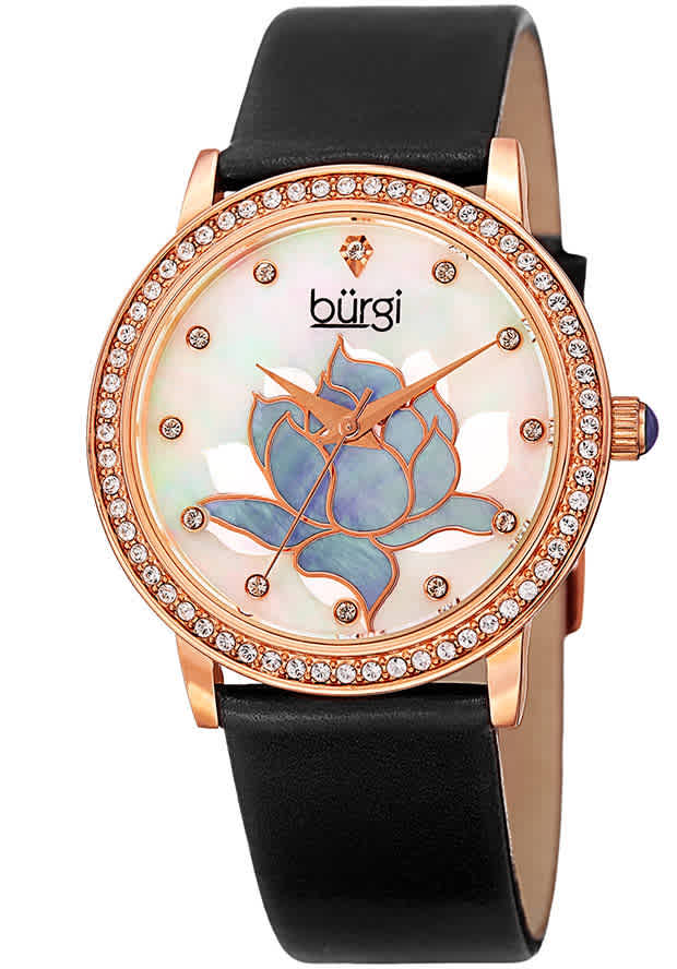 Burgi Mother 0f Pearl Dial Black Leather Ladies Watch Bur159bkr In Black / Gold Tone / Mop / Mother Of Pearl / Rose / Rose Gold Tone