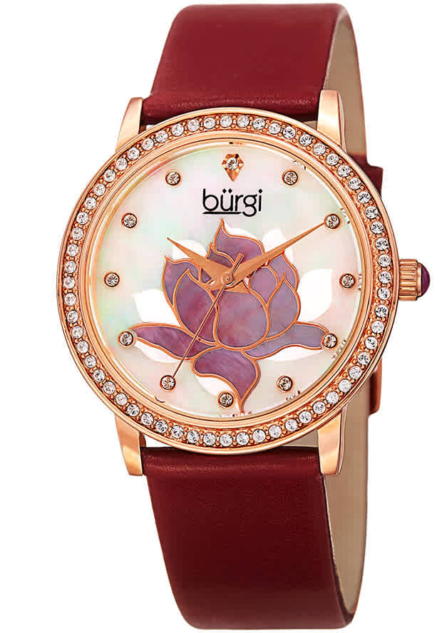 Burgi Mother Of Pearl Dial Red Leather Ladies Watch Bur159rd In Red   / Gold Tone / Mop / Mother Of Pearl / Rose / Rose Gold Tone