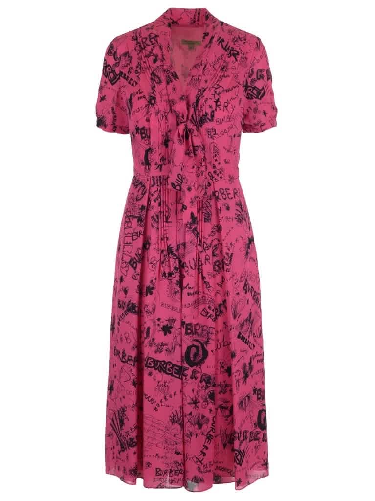 BURBERRY ANTONINA SILK LOGO NECK TIE DRESS IN FLURO PINK