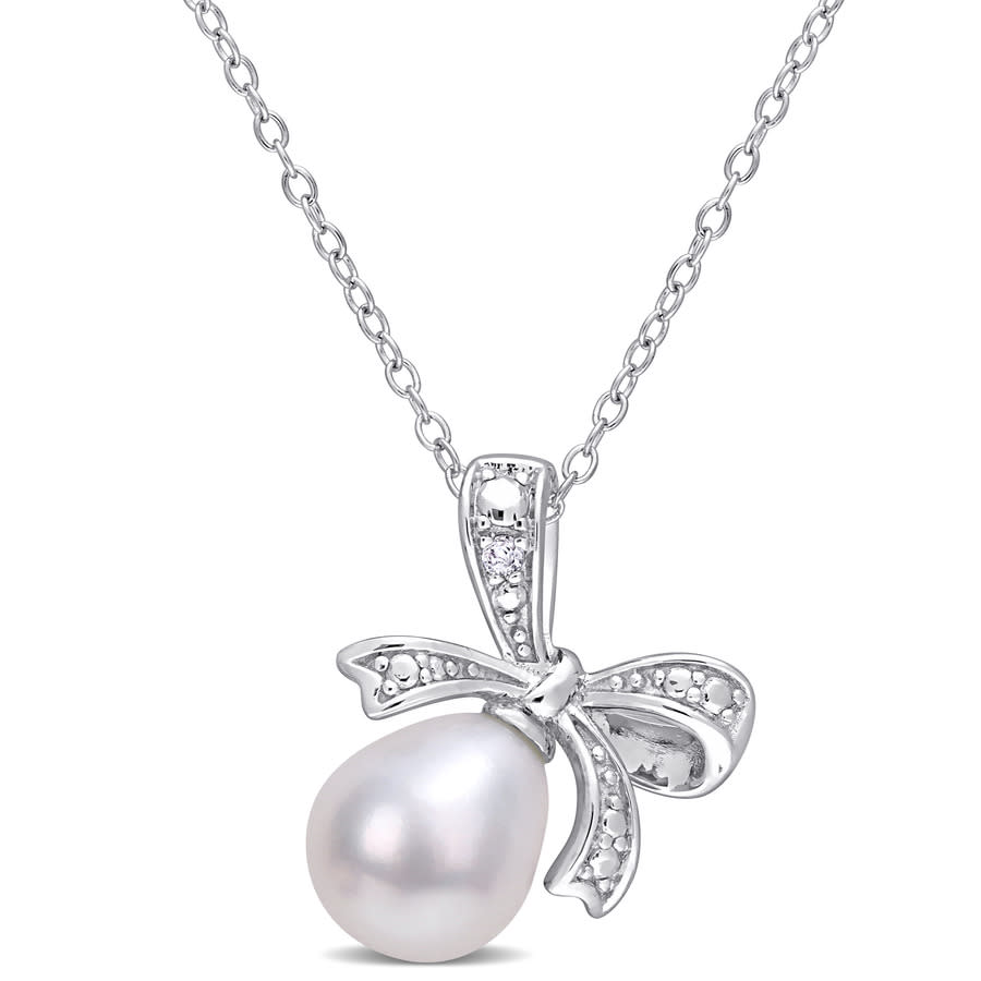 Amour 8.5-9mm Freshwater Cultured Pearl And Diamond Accent Bow Pendant With Chain In Sterling Silver In White