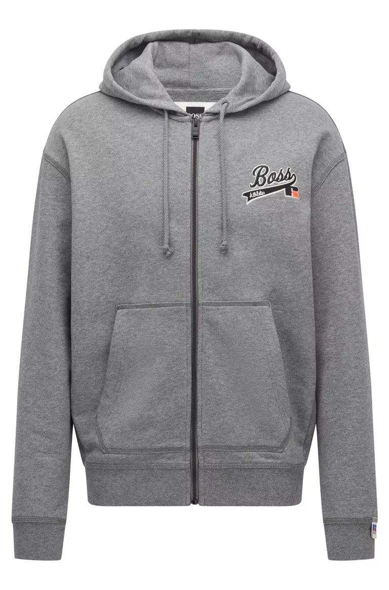 Hugo Boss Russell Athletic Capsule Logo Cotton-Blend Hooded Sweatshirt, Size Large, Men's, Gray