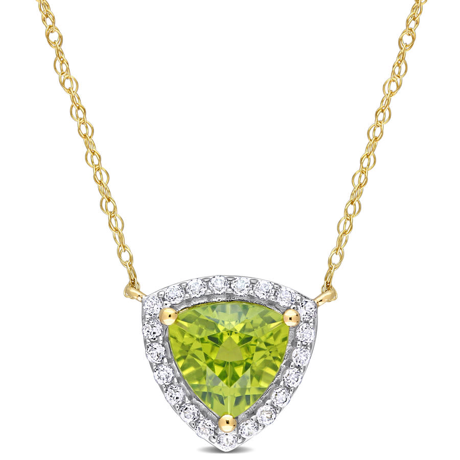 Amour 1 1/2 Ct Tgw Trillion Peridot And White Topaz Halo Necklace In 10k Yellow Gold In Yellow
