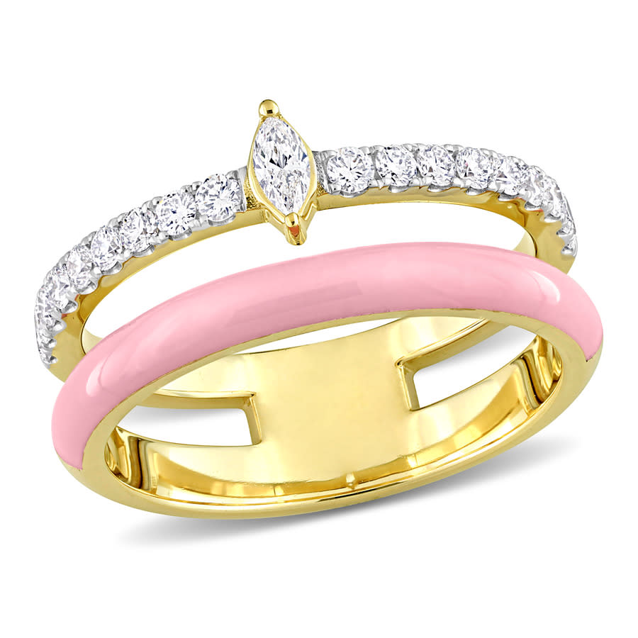 Amour 2/5 Ct Tdw Marquise And Round Diamond Double Band Ring In 14k Yellow Gold And Pink Enamel In Gold Tone,pink,yellow