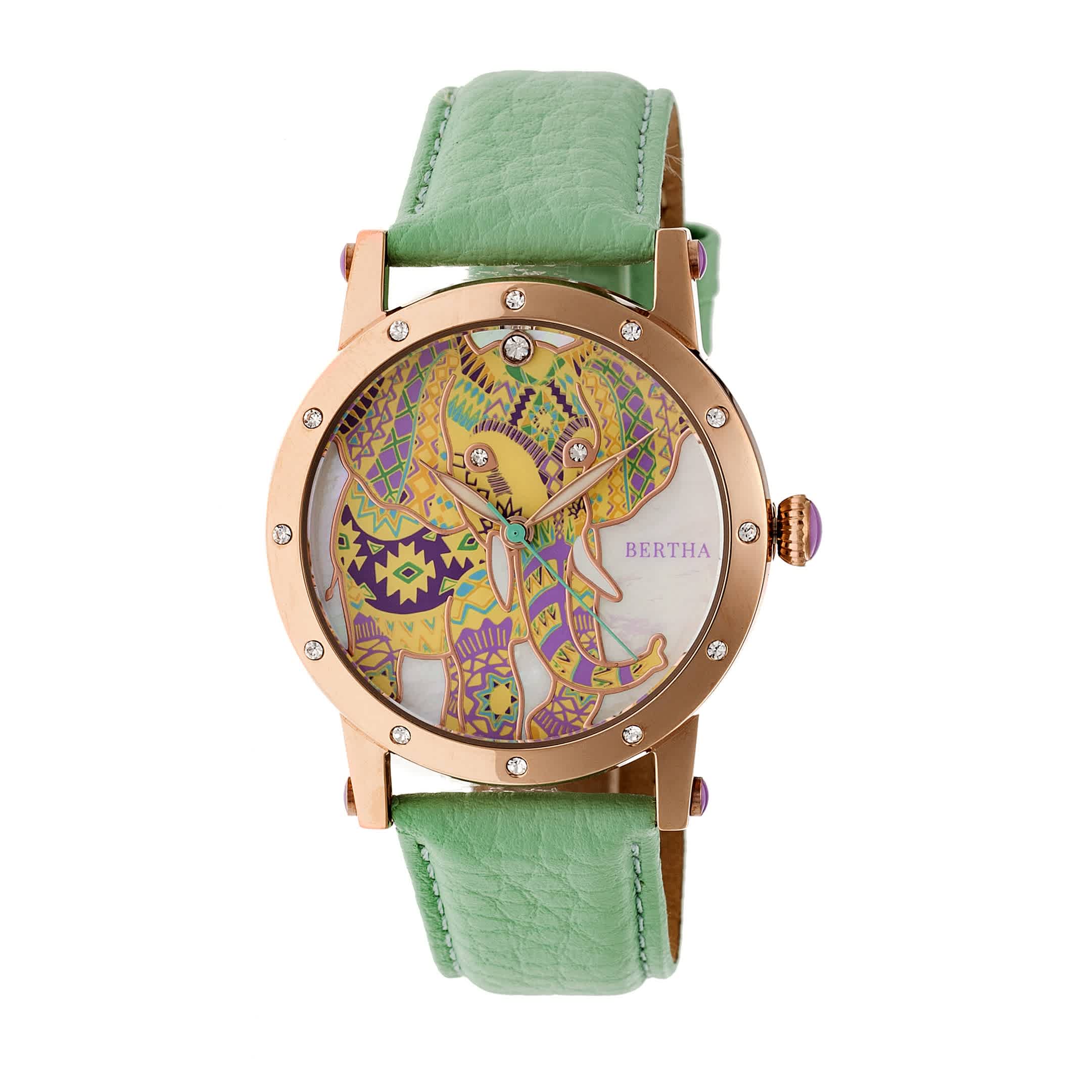 BERTHA BETSY MOTHER OF PEARL ELEPHANT DIAL MINT LEATHER LADIES WATCH BTHBR5704