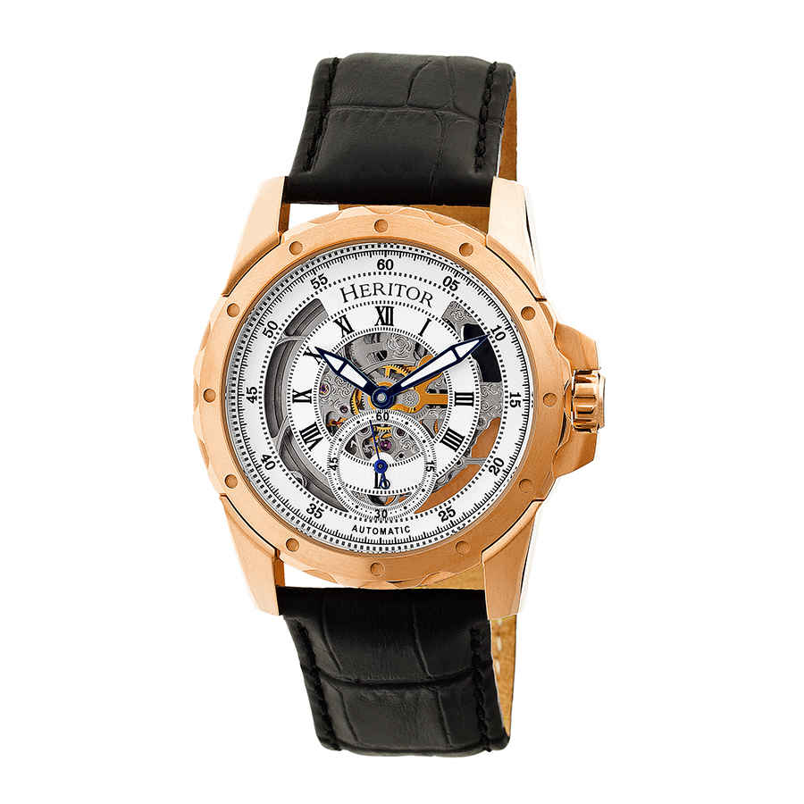 Heritor Armstrong Automaric Silver Skeleton Dial Black Leather Mens Watch Hr3405 In Black,blue,gold Tone,pink,rose Gold Tone,silver Tone