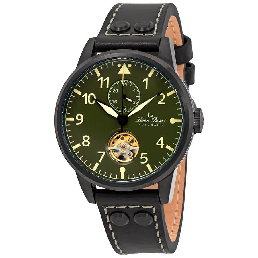 Lucien Piccard Military 24 Automatic Green Dial Mens Watch Lp-28005a-bb-08 In Black,green