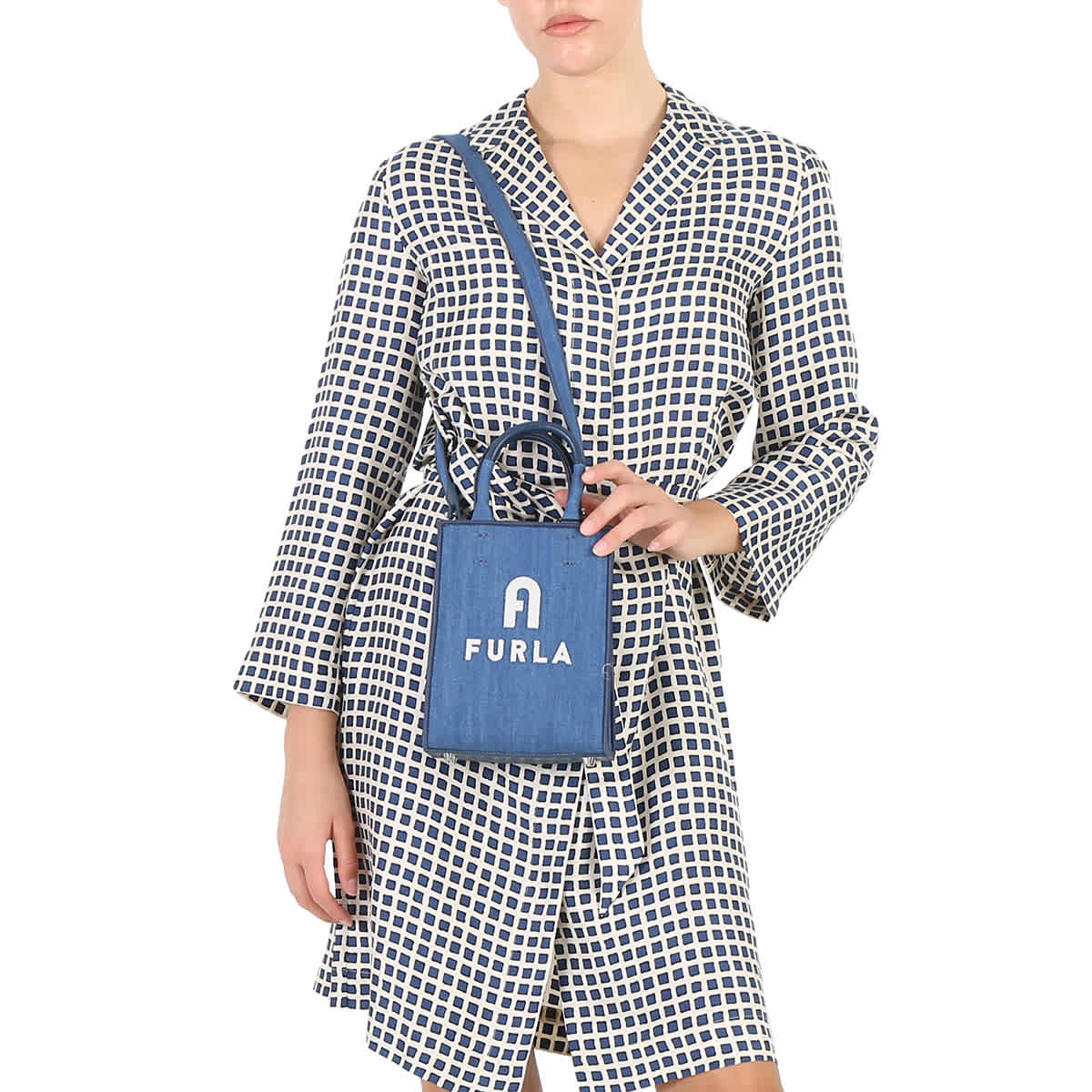 Shop Furla Blu Jay Denim Opportunity Mini Tote Bag In Blu Jay/marshmallow
