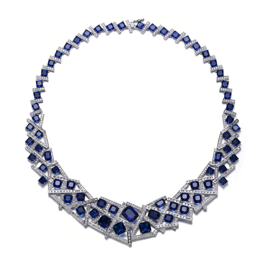 Rachel Glauber 3d Geometric Cluster Basketweave Stack Graduated Eternity Formal Necklace In Blue