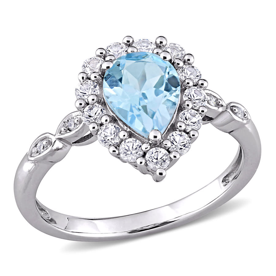 AMOUR 10K WHITE GOLD 0.02 CT TDW DIAMOND AND 2 CT TGW SKY BLUE TOPAZ AND CREATED WHITE SAPPHIRE HALO RING