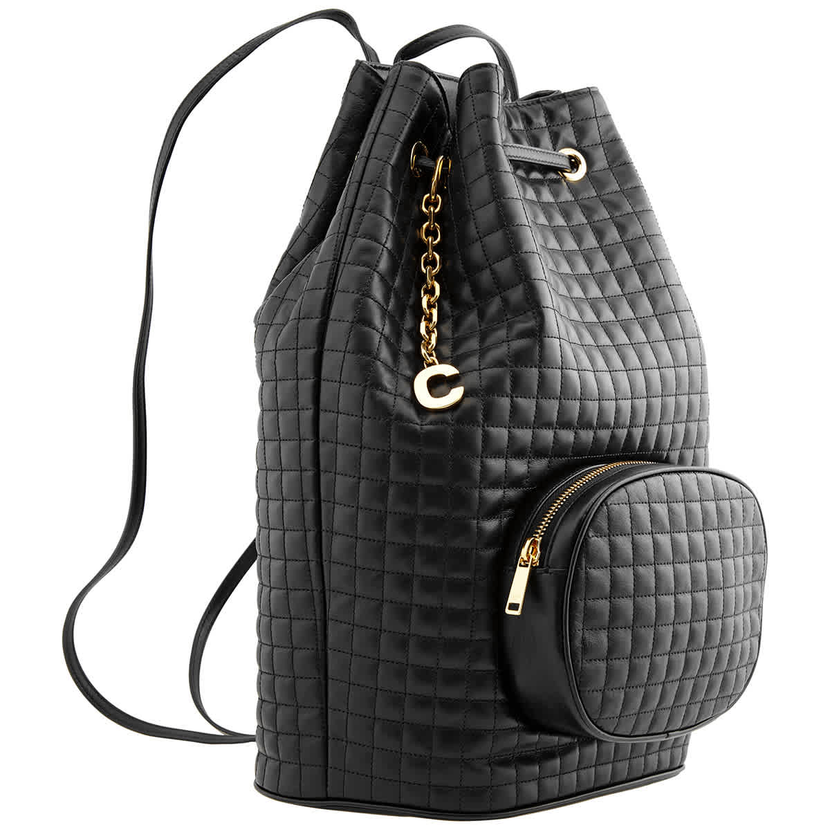 Celine Quilted Calfskin Medium Backpack- Black In Black,gold Tone