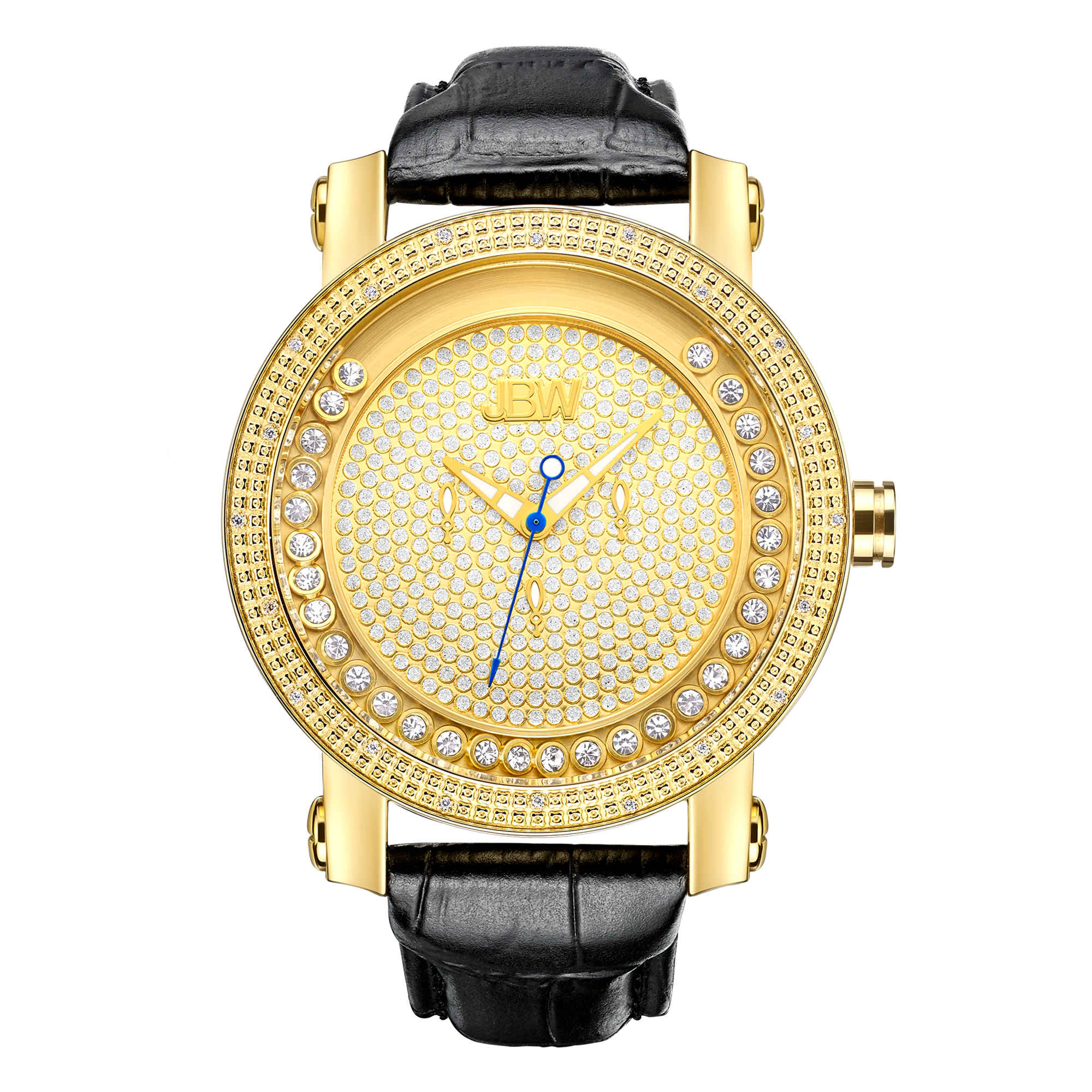 Jbw Hendrix Gold-tone Steel Case Black Leather Strap White Crystal Pave Dial Mens Watch Jb-6211l-a In Black,gold Tone,white