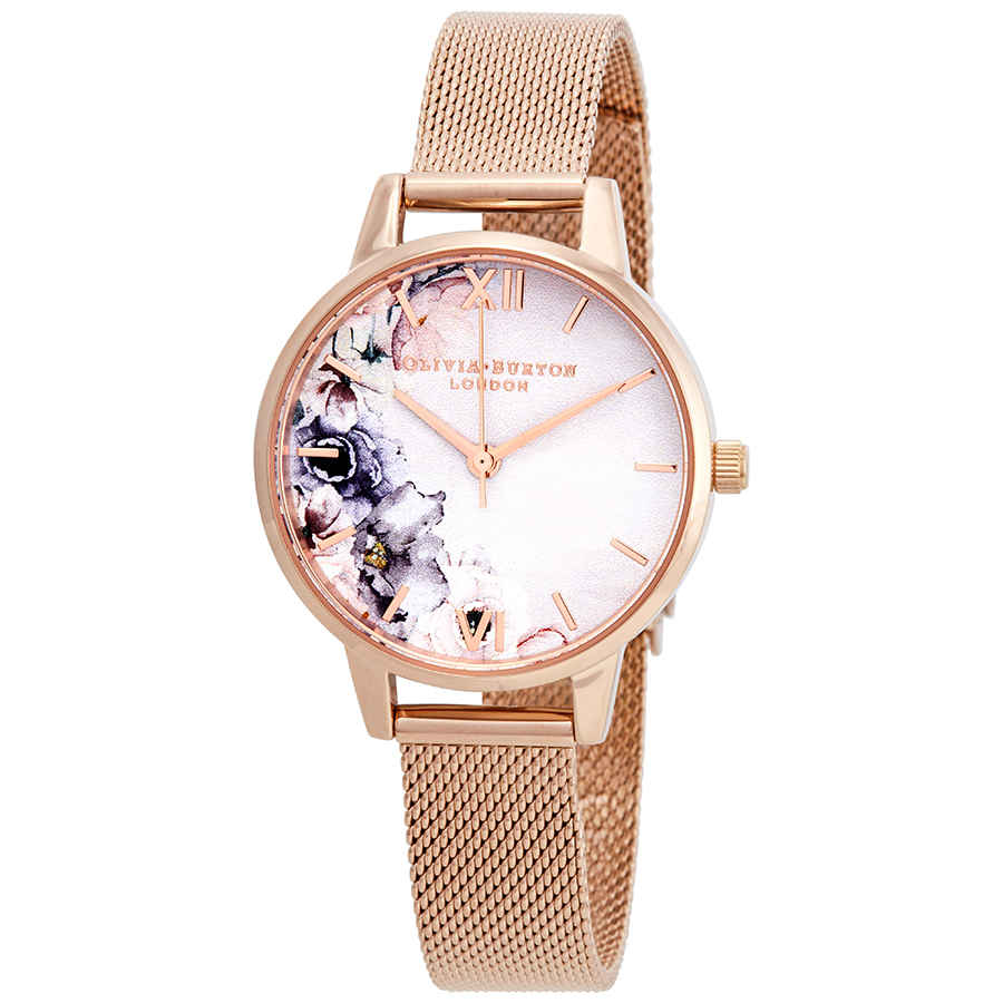 Olivia Burton Watercolour Florals White Dial Ladies Watch Ob16pp39 In Gold Tone,pink,rose Gold Tone,white