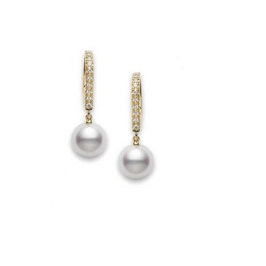 Mikimoto Akoya Pearl & Diamond Drop Earrings With 18k Yellow Gold 7.5mm - Pea1008dk In Yellow
