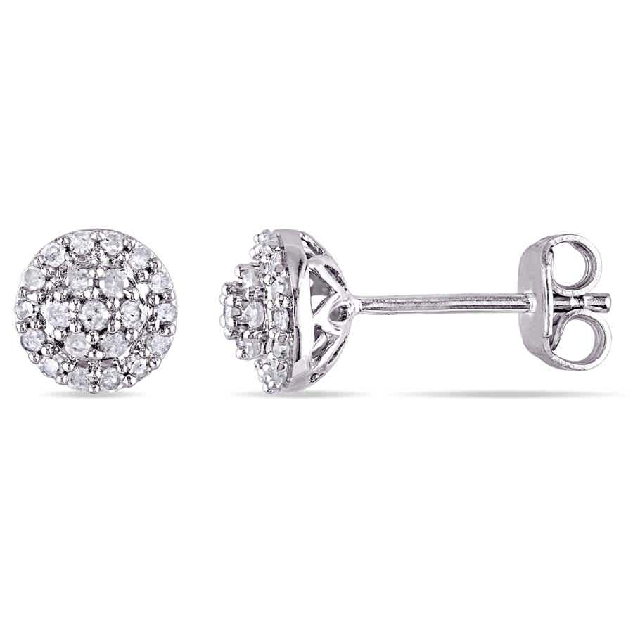 Amour 1/4 Ct Tw Diamond Cluster Halo Stud Earrings In Sterling Silver In Silver / White