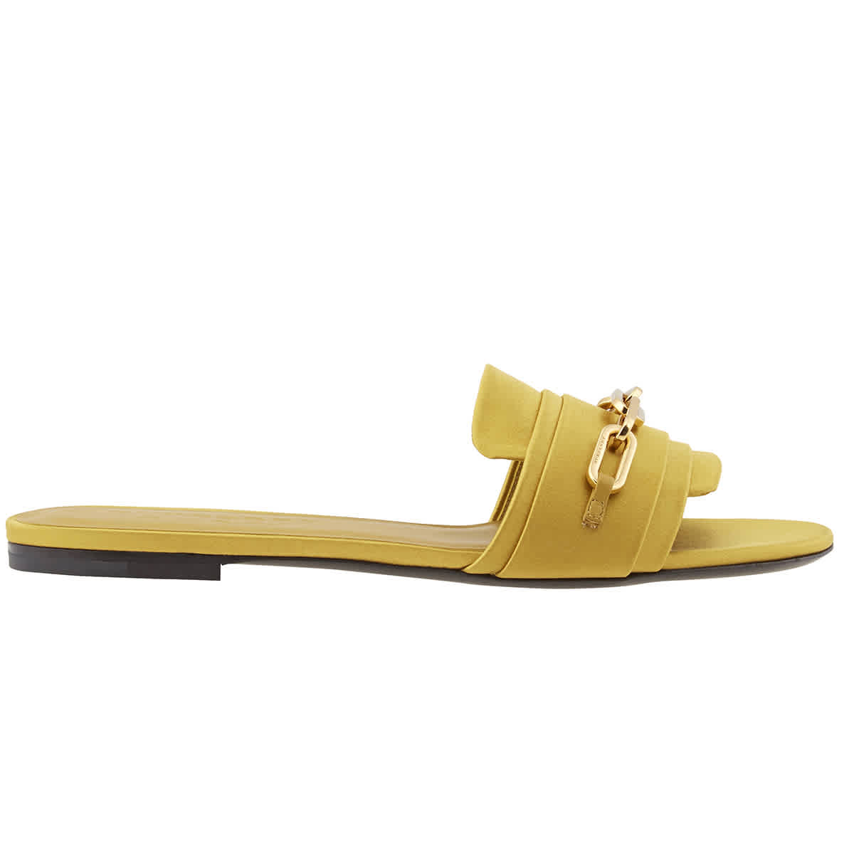 Burberry Ladies Coleford Link Detail Satin And Leather Slides In Yellow