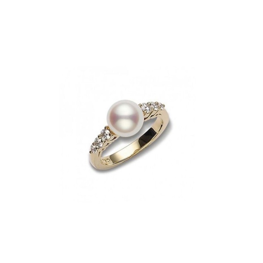 Mikimoto Morning Dew Akoya Pearl & Diamond Ring In 18k Yellow Gold 8mm Size 7