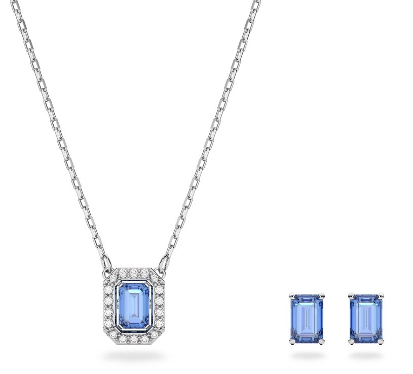 Swarovski Silver-tone Millenia Blue Crystal Stud Earrings & 14-7/8" Pendant Necklace Set In Blue