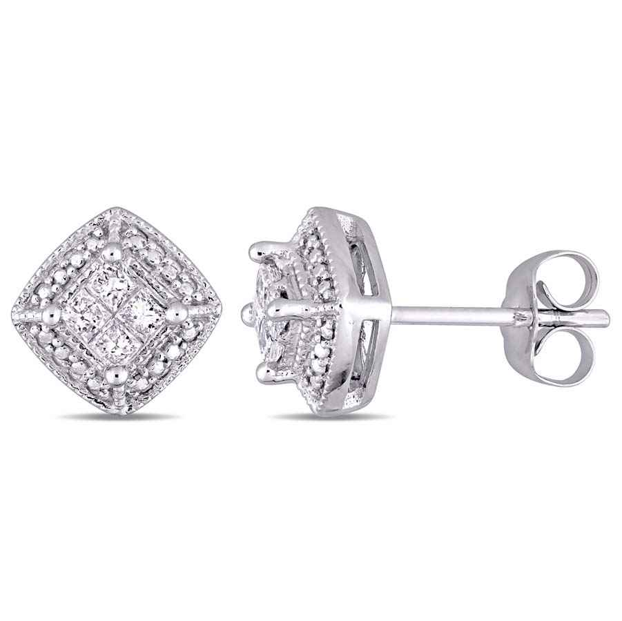 Amour 1/4 Ct Tw Princess Cut Diamond Cluster Stud Earrings In 10k White Gold In White
