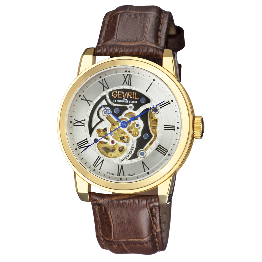 Gevril Vanderbilt Automatic Silver Open Heart Dial Mens Watch 2695 In Black,blue,gold Tone,silver Tone,yellow